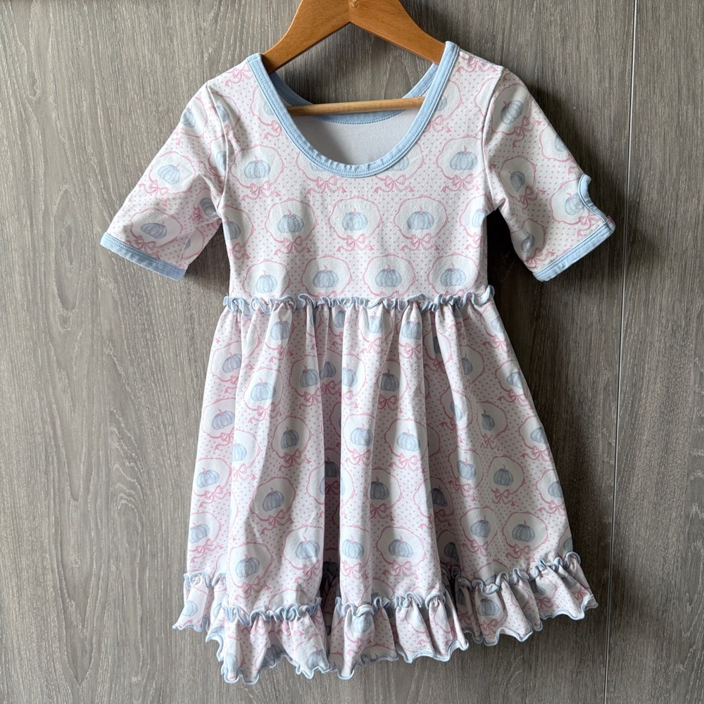 Serendipity Dress Girls Small (4-5) Pink Blue Pumpkin Ruffle Fall Thanksgiving
